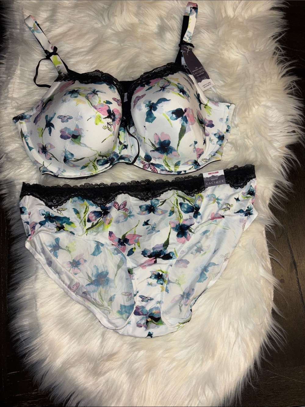 Cacique White Floral Lace-Trim Bra & Brief Set with Black Lace